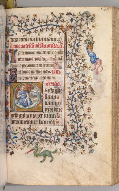 Horas de Carlos el Noble, Rey de Navarra 1361-1425: fol. 260v, San Juan Bautista, c. 1405 de Master of the Brussels Initials and Associates