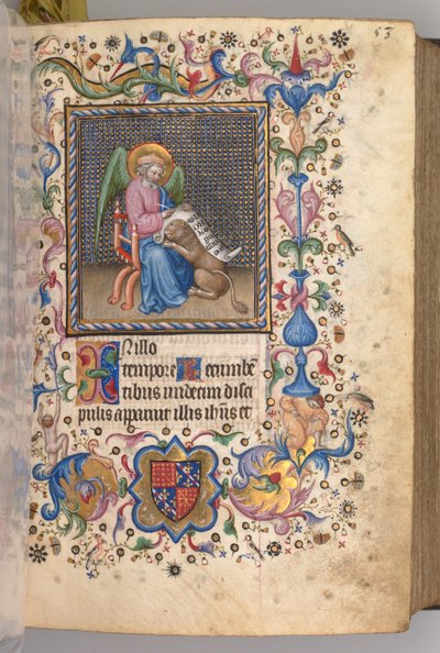 Horas de Carlos el Noble, Rey de Navarra 1361-1425: fol. 27r, San Marcos, c. 1405 de Master of the Brussels Initials and Associates