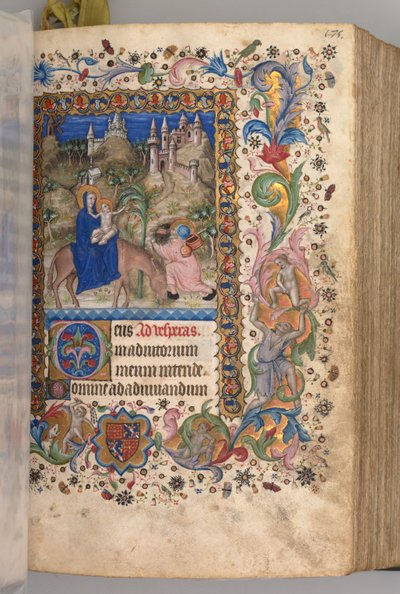 Horas de Carlos el Noble, Rey de Navarra 1361-1425: fol. 88r, Huida a Egipto Vísperas, c. 1 de Master of the Brussels Initials and Associates