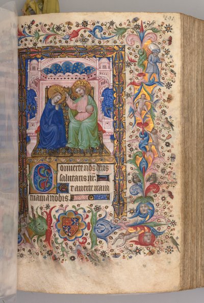 Horas de Carlos el Noble, Rey de Navarra 1361-1425: fol. 96r, Coronación de la Virgen, c. 1 de Master of the Brussels Initials and Associates