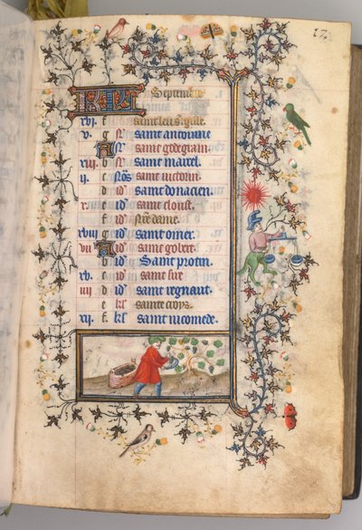 Horas de Carlos el Noble, Rey de Navarra 1361-1425: fol. 9r, septiembre, c. 1405 de Master of the Brussels Initials and Associates