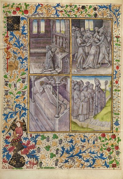 El emperador Constantino reza en una iglesia; Sofía, acosada por espíritus malignos; Dios ordena en sueños a Constantino que encuentre los restos de Antonio; el obispo Teófilo parte hacia Egipto de Master of the Brussels Romuléon