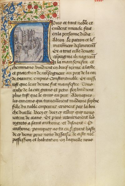 Inicial A: Llegada de los barcos a Constantinopla de Master of the Brussels Romuléon