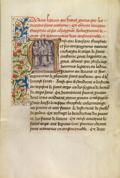 Inicial A: El cuerpo de San Antonio transportado a Constantinopla y la curación de dos leprosos tras tocar el cuerpo del Santo de Master of the Brussels Romuléon
