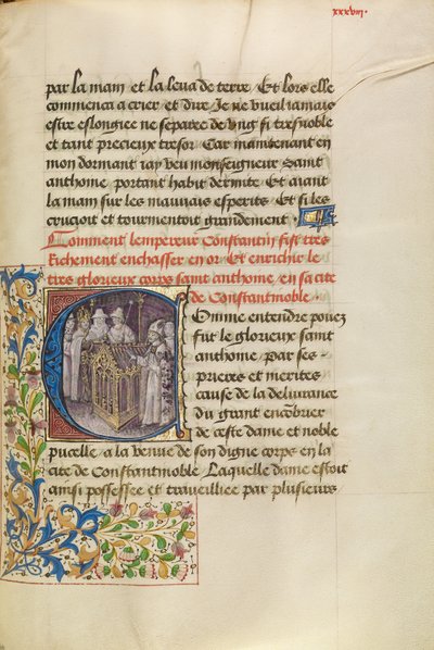 Inicial C: El emperador de Constantinopla inhumando el cuerpo de San Antonio de Master of the Brussels Romuléon