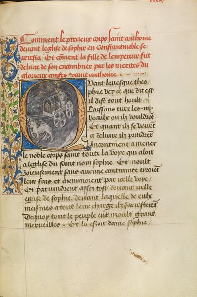 Inicial Q: El relicario de San Antonio Llegada a la iglesia de Constantinopla y La curación de la hija del emperador de Master of the Brussels Romuléon