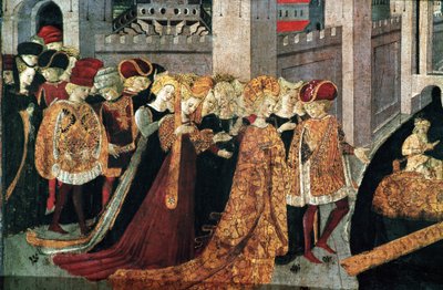 Decamerón de Boccaccio: el Chatelain Pericone recibe a Alatiel, hija del sultán de Babilonia Beminedab y su séquito en la isla de Mallorca de Master of the Cassoni