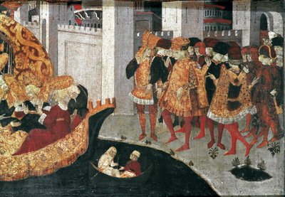 Decamerón de Boccaccio: el Chatelain Pericone recibe a Alatiel, hija del sultán de Babilonia Beminedab y su séquito en la isla de Mallorca de Master of the Cassoni