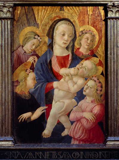 La virgen y el niño rodeados por cuatro ángeles de Master of the Castello Nativity