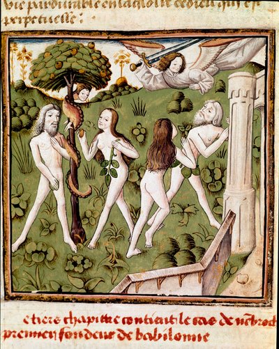 Adán y Eva recogiendo el fruto prohibido. Miniatura del Maestro del Campeón de Damas (siglo XV) del manuscrito 