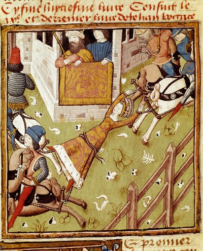 La tortura de Brunehaut: Brunehaut o Brunehilde (543-613), prisionera de Clotario II, es desgarrada por caballos que tiran de sus miembros desde cada lado de Master of the Champion des Dames