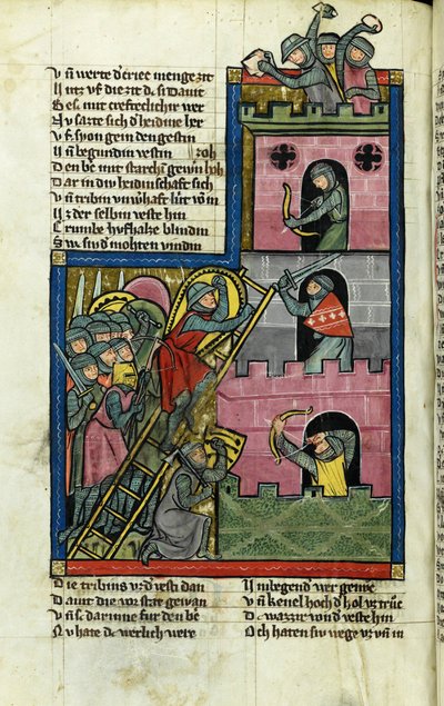 La toma de un castillo en Jerusalén (de la Crónica del Mundo (Weltchronik) de Rudolf von Ems) - Maestro de la Crónica del Mundo (Weltchronik) (activo hacia 1300) - c. 1300 - Acuarela sobre pergamino - Kantonsbibliothek St. de Master of the Chronicle of the World