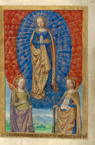La Virgen en una nube de ángeles, con las santas Bárbara y Catalina de Master of the Chronique scandaleuse