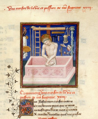Detalle de una miniatura de Cristo como varón de dolores al comienzo de una oración a Cristo, Harley 4431, f.257, de 