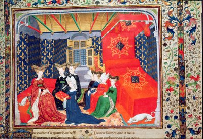 Harl 4431 fol.3 Christine de Pisan presentando su libro a la reina Isabel de Baviera, de los poemas de Christine de Pisan, c.1410-15 (vitela) de Master of the Cité des Dames