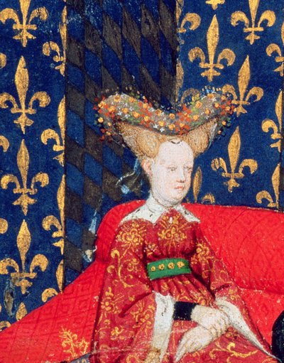Harl 4431 fol.3 Isabel de Baviera, reina de Francia (1371-1435), de los poemas de Christine de Pisan, c.1410-15 (vitela) (detalle de 53284) de Master of the Cité des Dames