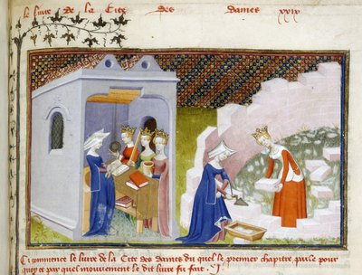 Harley 4431, f.290, Detalle de una miniatura de Christine ante las personificaciones de la Razón, la Rectitud y la Justicia y Christine con la Razón construyendo la Cité des Dames (vitela) de Master of the Cité des Dames