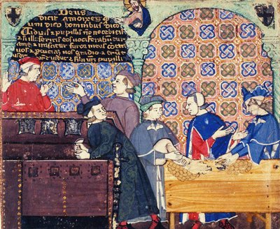 Avaricia. Una miniatura con escenas de banca de Master of the Cocharelli Codex