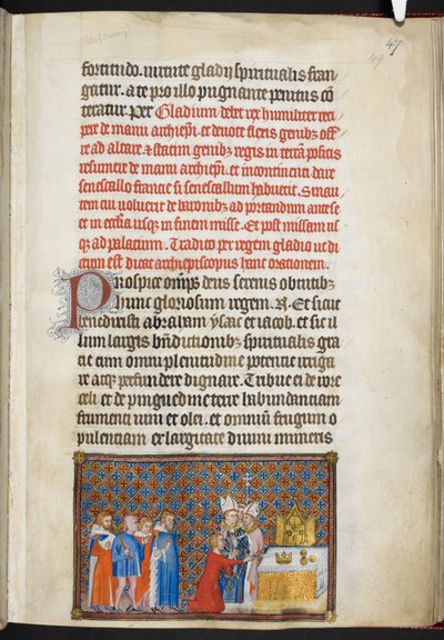Cotton Tiberio B. VIII f.49r El Rey ofreciendo la espada en el altar, ilustración de 