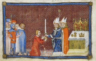 Cotton Tiberius B. VIII f.49v El Arzobispo de Reims devolviendo la espada al Rey, ilustración de 