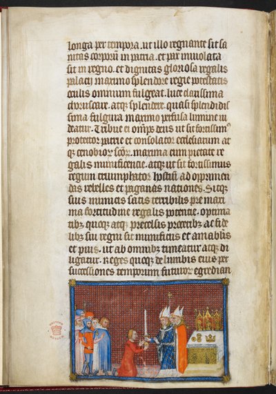 Cotton Tiberius B. VIII f.49v El Arzobispo de Reims devolviendo la espada al Rey, ilustración de 