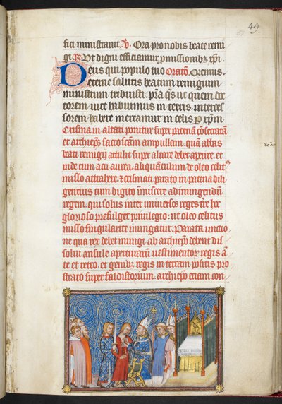Algodón Tiberius B. VIII f.51r, El Arzobispo de Reims desabrochando la túnica del Rey, del 