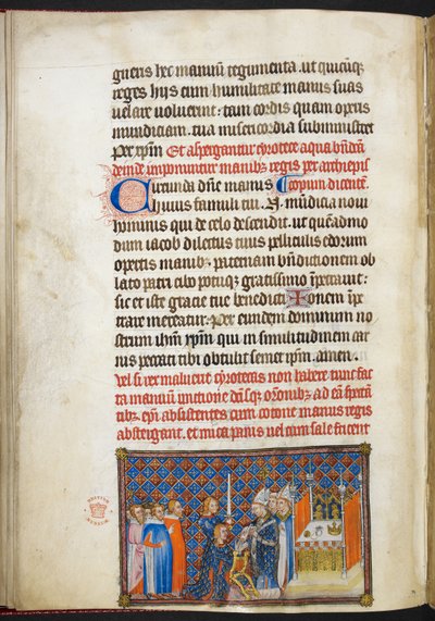 Cotton Tiberius B. VIII f.56v, El Arzobispo de Reims colocando los guantes en las manos del Rey, del 