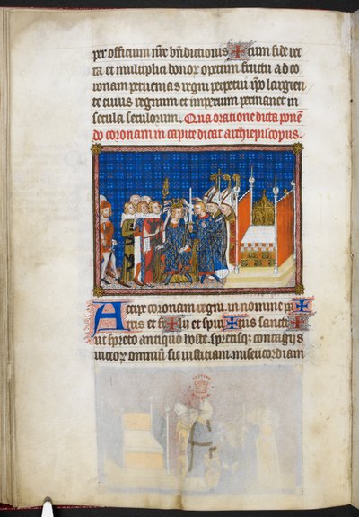 Cotton Tiberius B. VIII f.59v Los Pares de Francia sosteniendo la Corona, ilustración de 