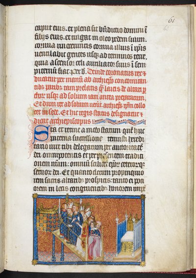 Cotton Tiberius B. VIII f.63r Los pares de Francia que conducen al rey al trono en el solium, del 
