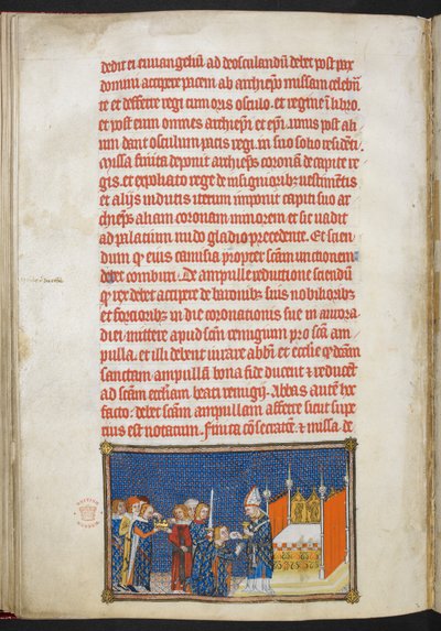 Cotton Tiberius B. VIII f.65v El rey Carlos V arrodillado mientras el arzobispo de Reims coloca la oblea de comunión en su boca, ilustración de 