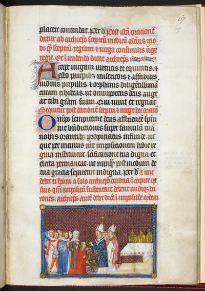 Cotton Tiberius B. VIII f.69r La Reina recibiendo el cetro y virga, del 
