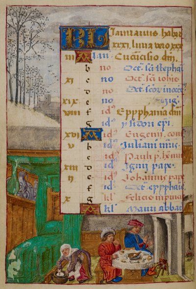 Agregar. 18852, f.1v Página del calendario de enero, ilustración de 