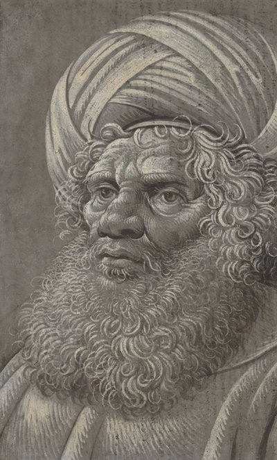 Cabeza de un hombre barbudo con turbante recto, escritura latina verso, ca. 1510 de Master of the Death of Absalom