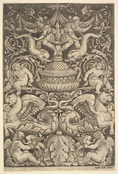 Panel de ornamento con un gran jarrón en el centro, putti y otras figuras de Master of the Die
