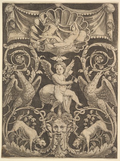 Un panel de ornamento con un putto en el centro sosteniendo un molino de viento, 1532 de Master of the Die