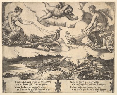 Alegoría del matrimonio y el amor, Juno en un carro tirado por pavos reales a la izquierda, Venus en un..., 1530-60 de Master of the Die