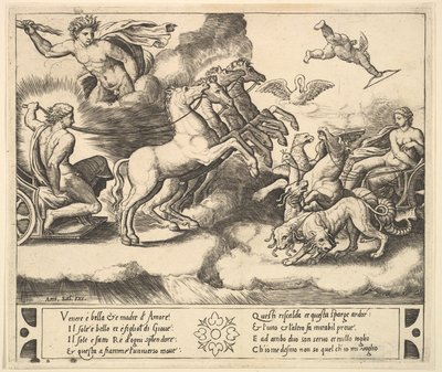Apolo en su carro tirado por caballos a la izquierda, arriba Júpiter lanza un rayo de Master of the Die