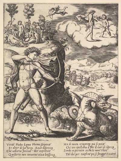 Apolo de pie a la izquierda disparando una flecha a un pitón, arriba a la izquierda están las musas de Master of the Die