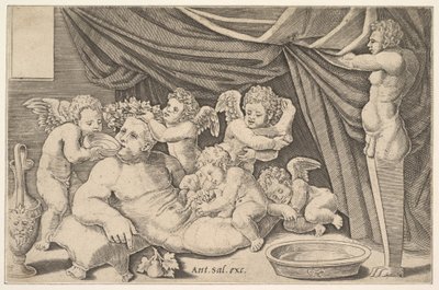 Baco Rodeado de Putti, una Estatua de Príapo a la Derecha de Master of the Die
