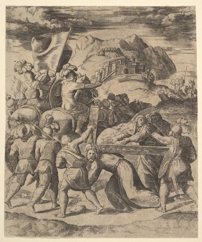 Cristo llevando la cruz rodeado de soldados, varios a caballo, 1530-60 de Master of the Die