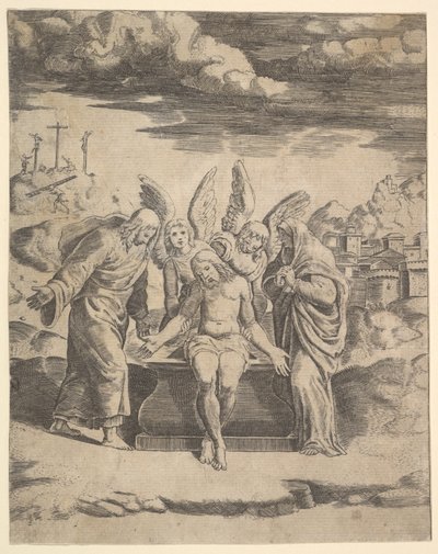 Cristo sentado en la tumba sostenido por ángeles, 1530-60 de Master of the Die