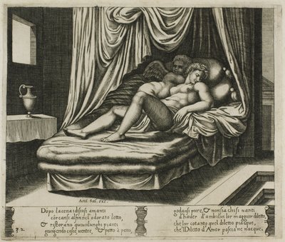 Cupido y Psique juntos en el lecho nupcial de Master of the Die
