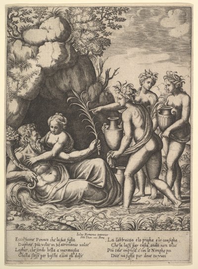 Dafne abrazando a su padre, el dios del río Peneo, a la izquierda tres ninfas traen jarras..., 1530-60 de Master of the Die