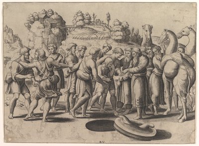 José en el centro siendo vendido por sus hermanos de pie sobre un pozo, camellos a la derecha, 1533 de Master of the Die