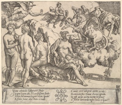 Júpiter cayendo de un carro tirado por caballos a la derecha, Ganimedes en forma de águila..., 1530-60 de Master of the Die