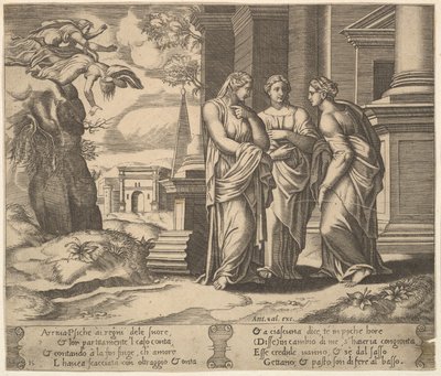 Placa 15: Psique relatando sus desgracias a sus hermanas, de La fábula de Psique, 1530-60 de Master of the Die