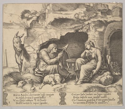 Lámina 1: Apuleyo transformado en burro escuchando la historia contada por la anciana, 1520-70 de Master of the Die