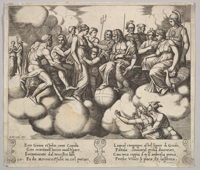 Placa 30: Venus y Cupido presentando su caso ante Júpiter y otros dioses..., 1530-60 de Master of the Die