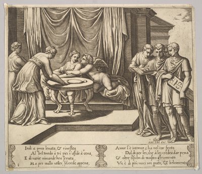 Placa 8: Psique sentada en una mesa y atendida por sirvientes invisibles, Eros al lado, 1530-60 de Master of the Die