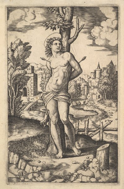 San Sebastián atado a un árbol atravesado por flechas, 1530-60 de Master of the Die